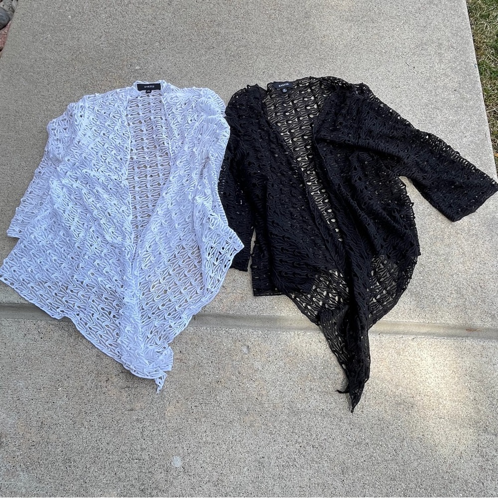 Kaktus 2 Tops Crochet Mesh Open Knit Black & White Open Front Tie Women 1X Boho